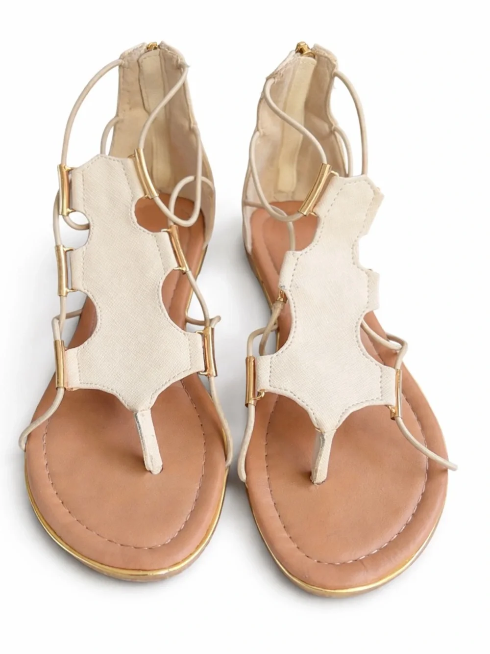 Madeline Stuart Beige Lace-Up Gladiator Sandals 5.5 Boho T-Strap Back Zip